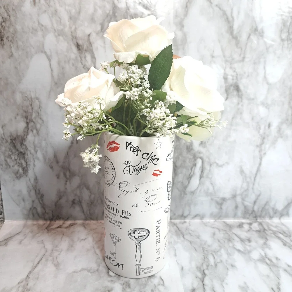 Vintage Style Ceramic Vase/Utensil‎ Holder White/Black 7.5 Inches Tall Multi-Use